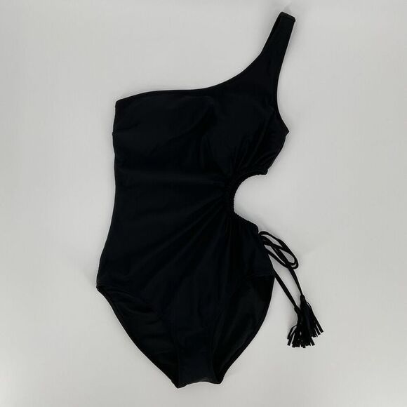 Aerie Tassel Cut Out Asymmetrical One Piece Swimsuit Women Small Black NWT - Picture 3 of 10
